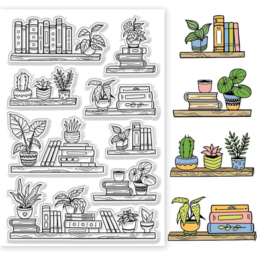 Clear Silicone Stamps For Card Making - Potted Bookshelf Clear Stamps Book and