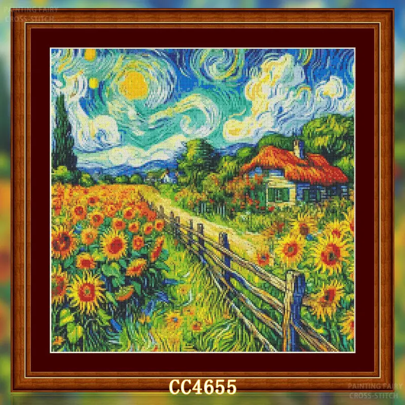[[CC4656-Van Gogh Series Sunfl - đánh giá và giá Cross Stitch Stamped Kits Beginners